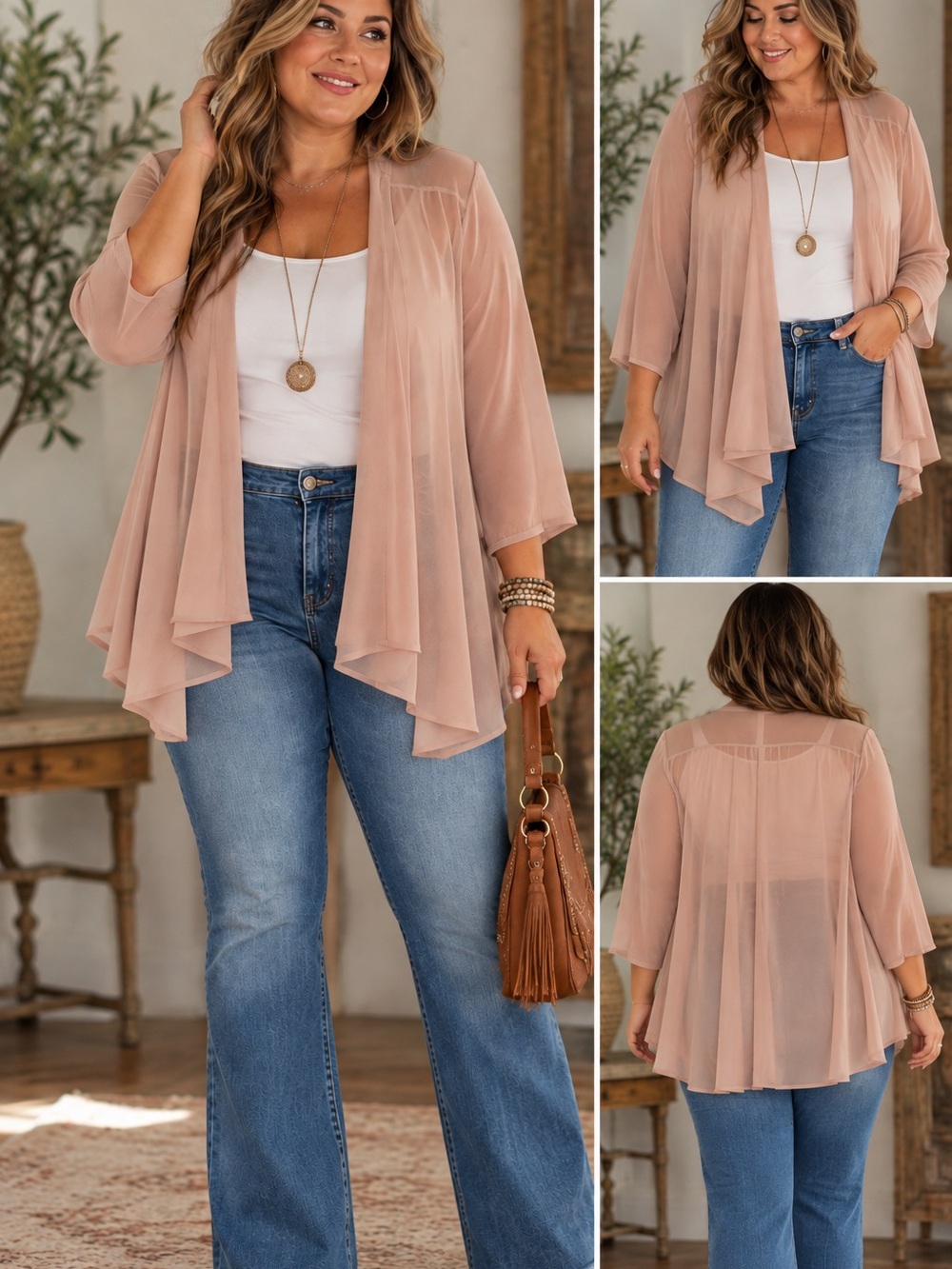 R&M Richards Sheer Draped Open-Front Shrug in Blush Pink